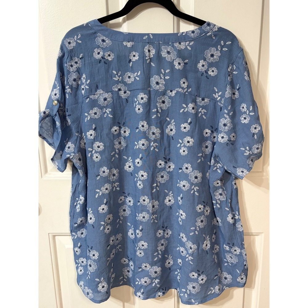 Ember | Floral Split Neck Pom Pom Trim Blouse | 3X || Blue| - Picture 2 of 5